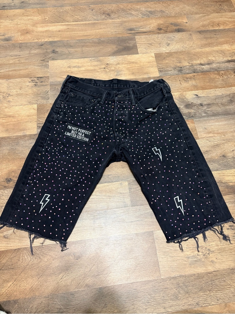 Custom Levi’s Rhinestone Black Denim Cutoff Shorts Men’s 30 Women’s 8/10 Y2K